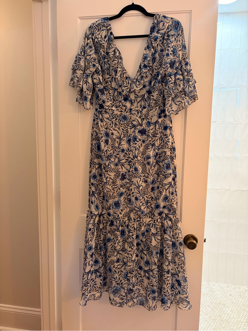 Misa Los Angeles Blue and White Floral Ruffled Midi Dress